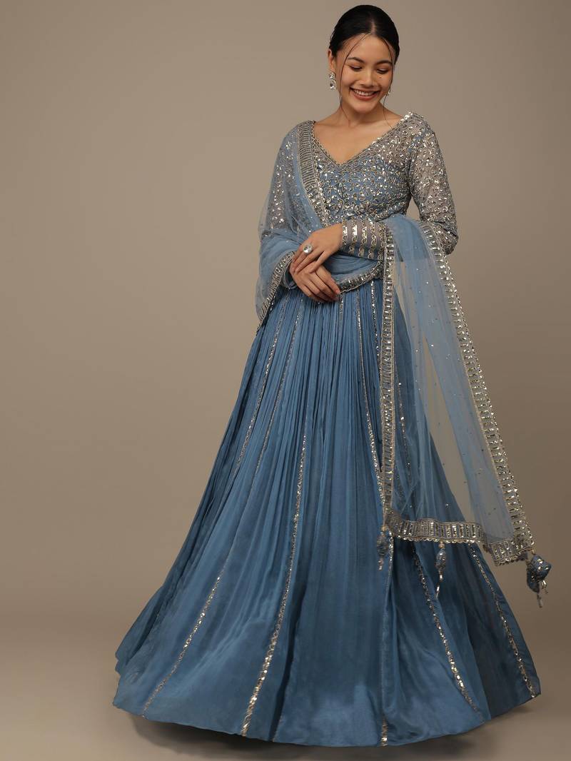 Blue Sequins Georgette Lehenga Set Choli With Dupatta With Dupatta