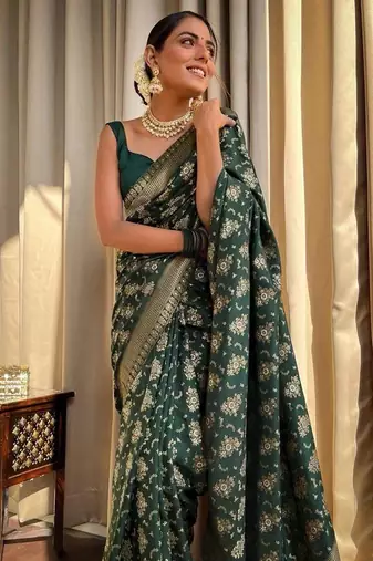 Green silk blend banarasi jaquard designer saree with blouse