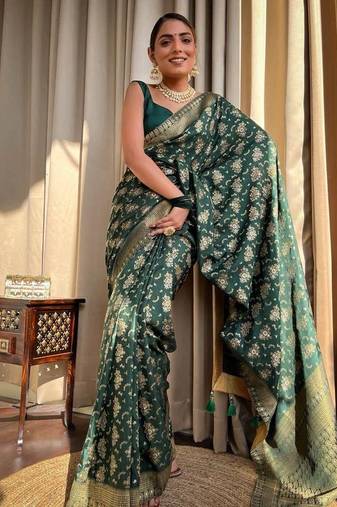 Green soft silk blend banarasi jacuard work designer saree with blouse