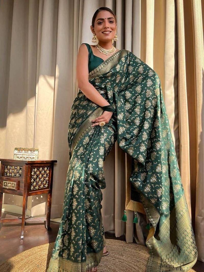 Green soft silk blend banarasi jacuard work designer saree with blouse