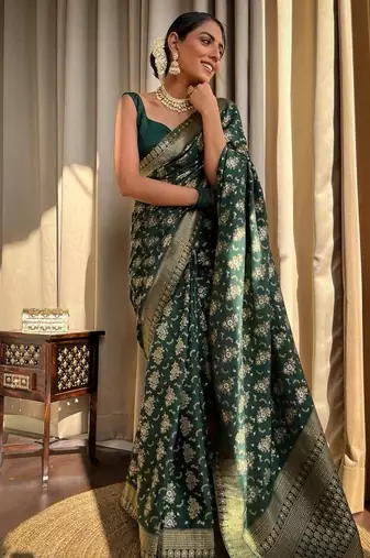 Green silk blend banarasi jaquard designer saree with blouse