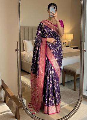 purple soft silk blend saree with zari weaving meenakari design 1
