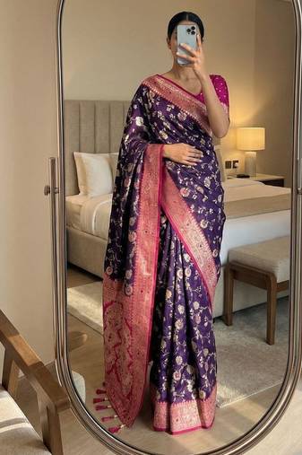purple soft silk blend saree with zari weaving meenakari design