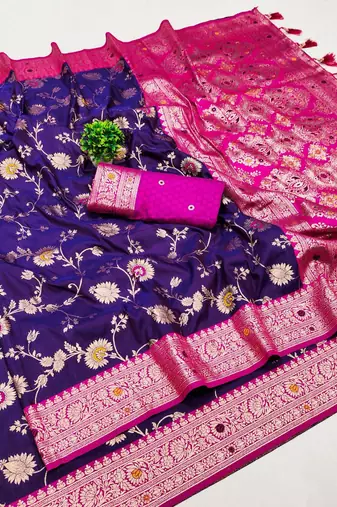 purple soft silk blend saree with zari weaving meenakari design
