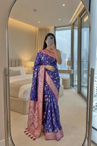 violet soft silk blend saree with zari weaving meenakari design