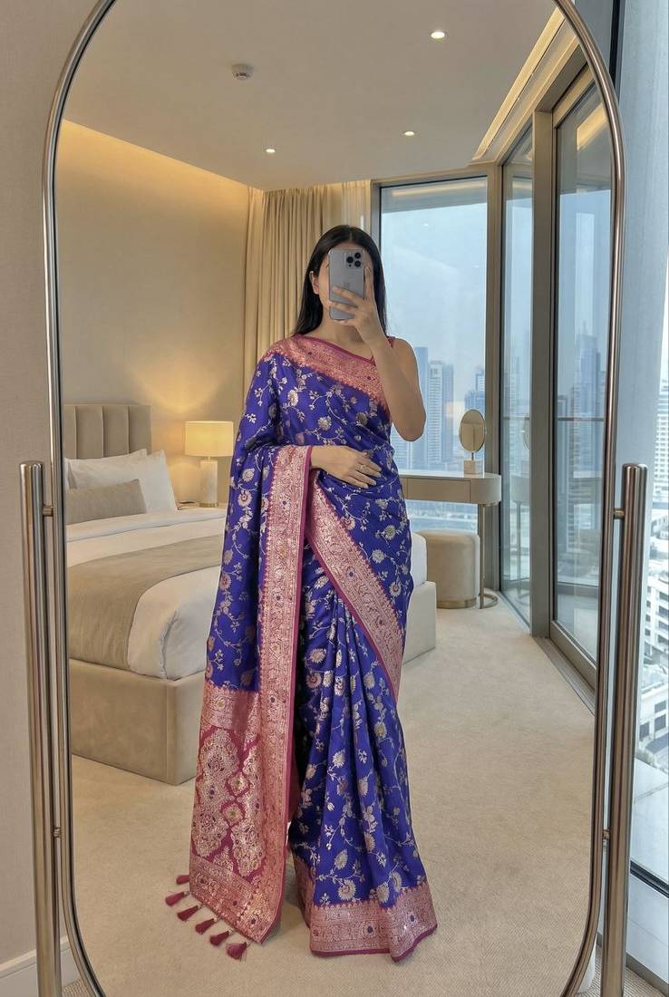 violet soft silk blend saree with zari weaving meenakari design