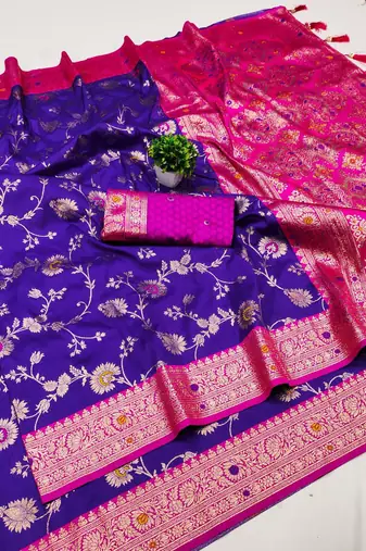 violet soft silk blend saree with zari weaving meenakari design