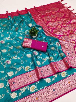 sea green soft silk blend saree with zari weaving meenakari design 1