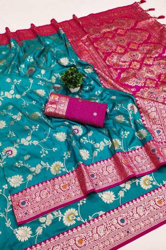 sea green soft silk blend saree with zari weaving meenakari design