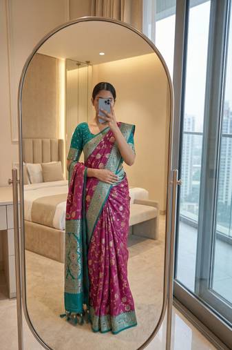 wine soft silk blend saree with zari weaving meenakari design