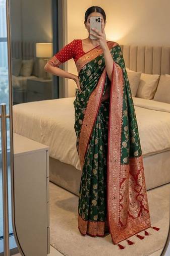 green soft silk blend saree with zari weaving meenakari design