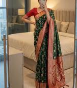 green soft silk blend saree with zari weaving meenakari design