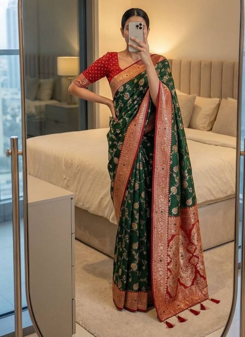 green soft silk blend saree with zari weaving meenakari design