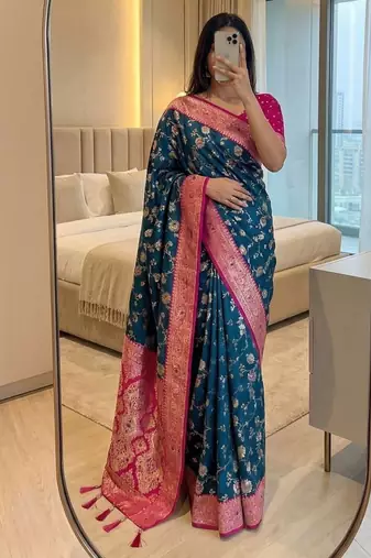 teal blue soft silk blend saree with zari weaving meenakari design