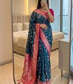 teal blue soft silk blend saree with zari weaving meenakari design