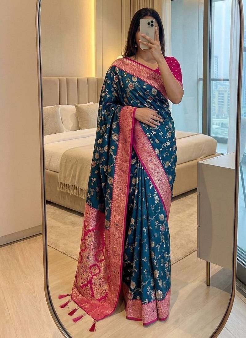 teal blue soft silk blend saree with zari weaving meenakari design