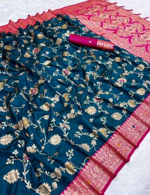 teal blue soft silk blend saree with zari weaving meenakari design 2