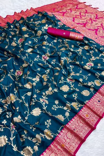 teal blue soft silk blend saree with zari weaving meenakari design