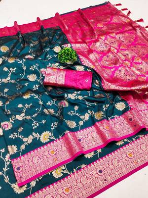 teal blue soft silk blend saree with zari weaving meenakari design 3