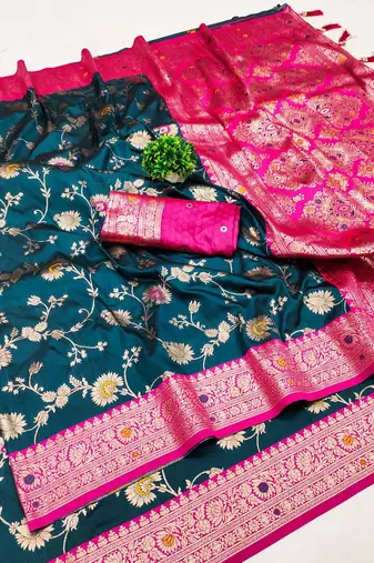teal blue soft silk blend saree with zari weaving meenakari design