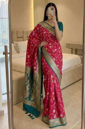 pink soft silk blend saree with zari weaving meenakari design