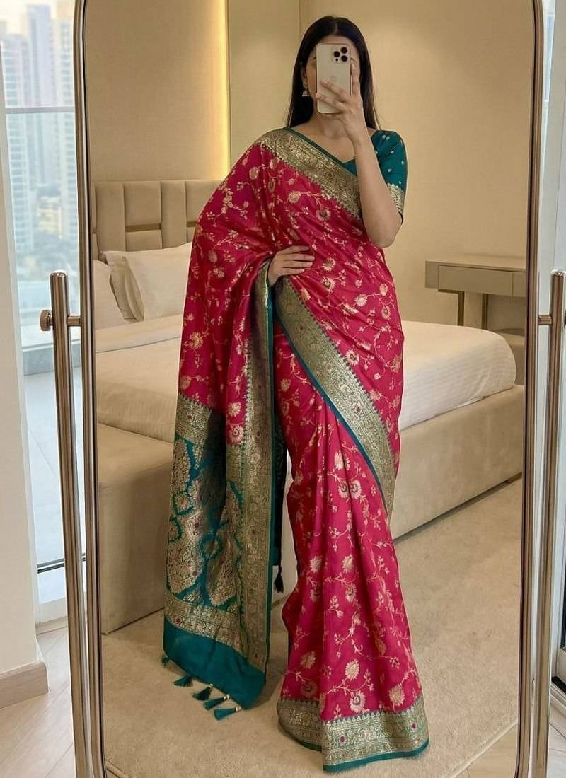 pink soft silk blend saree with zari weaving meenakari design