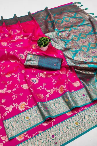 pink soft silk blend saree with zari weaving meenakari design
