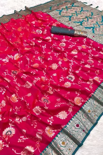 pink soft silk blend saree with zari weaving meenakari design