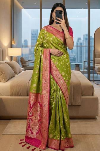 parrot green soft silk blend saree with zari weaving meenakari design