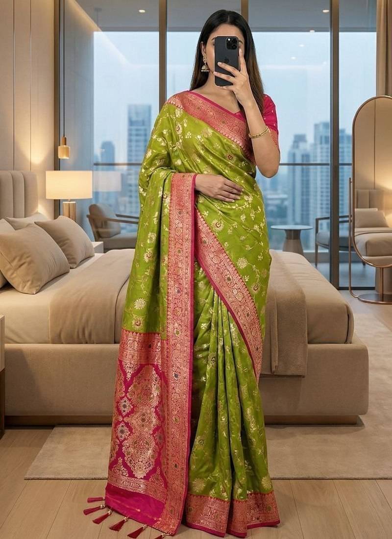 parrot green soft silk blend saree with zari weaving meenakari design
