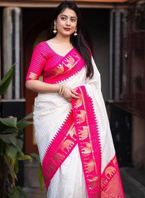White silk blend banarasi jaquard designer saree with blouse 2