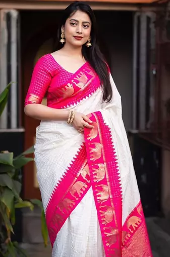 White silk blend banarasi jaquard designer saree with blouse
