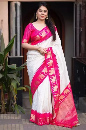 White silk blend banarasi jaquard designer saree with blouse