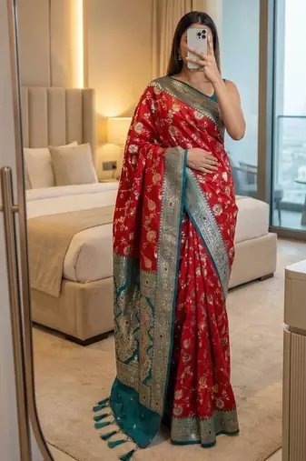 red soft silk blend saree with zari weaving meenakari design
