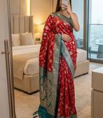 red soft silk blend saree with zari weaving meenakari design