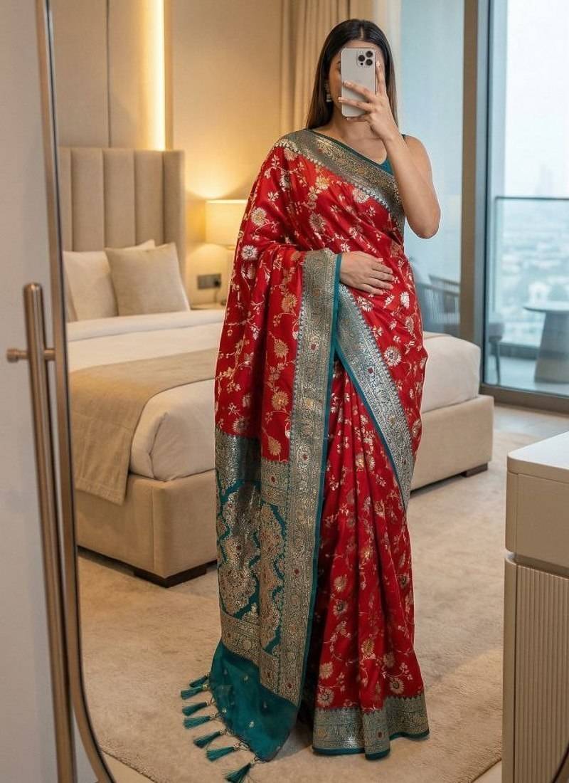 red soft silk blend saree with zari weaving meenakari design