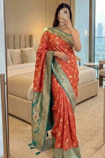 pink soft silk blend saree with zari weaving meenakari design