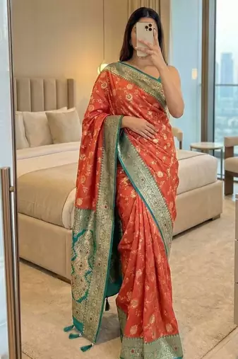 pink soft silk blend saree with zari weaving meenakari design