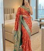 pink soft silk blend saree with zari weaving meenakari design