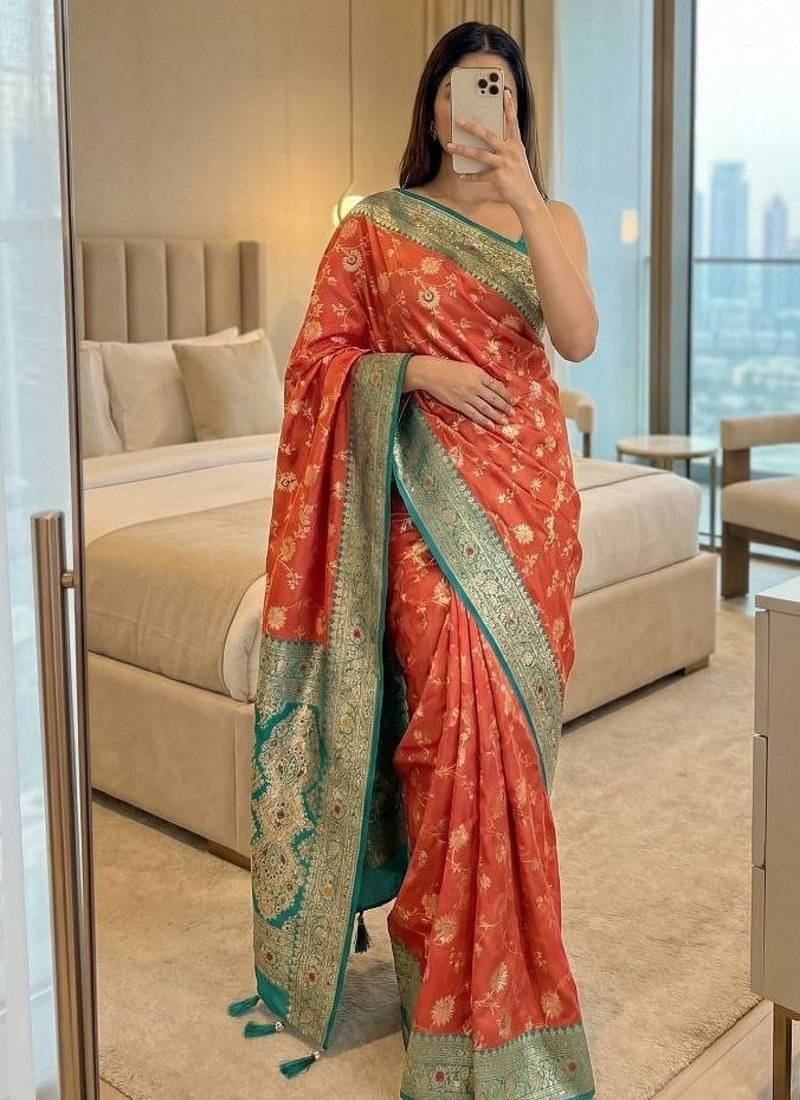 pink soft silk blend saree with zari weaving meenakari design