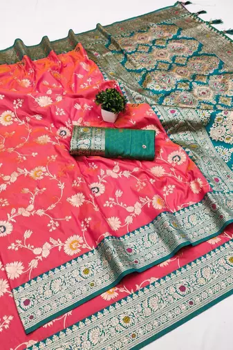 pink soft silk blend saree with zari weaving meenakari design