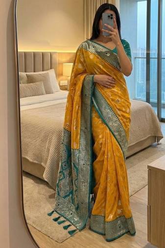 yellow soft silk blend saree with zari weaving meenakari design