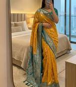 yellow soft silk blend saree with zari weaving meenakari design