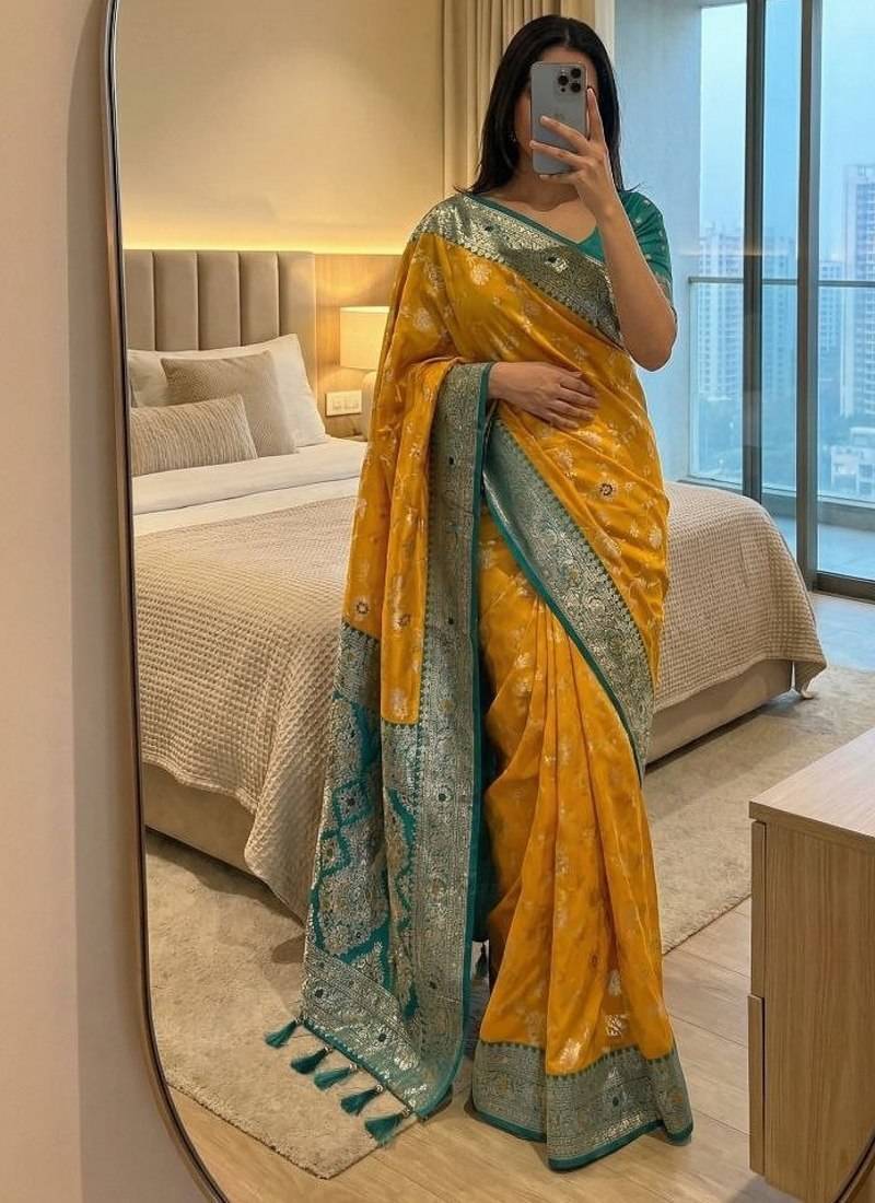 yellow soft silk blend saree with zari weaving meenakari design