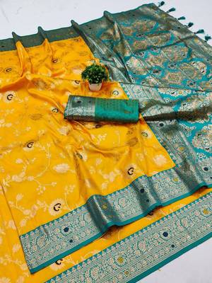 yellow soft silk blend saree with zari weaving meenakari design 2