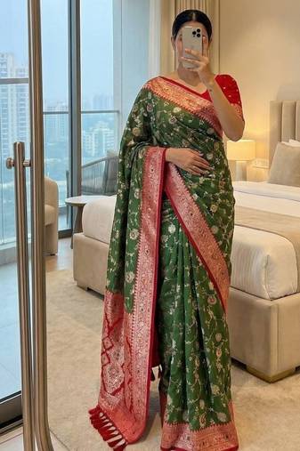 green soft silk blend saree with zari weaving meenakari design