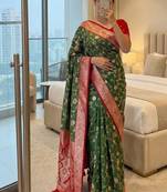 green soft silk blend saree with zari weaving meenakari design