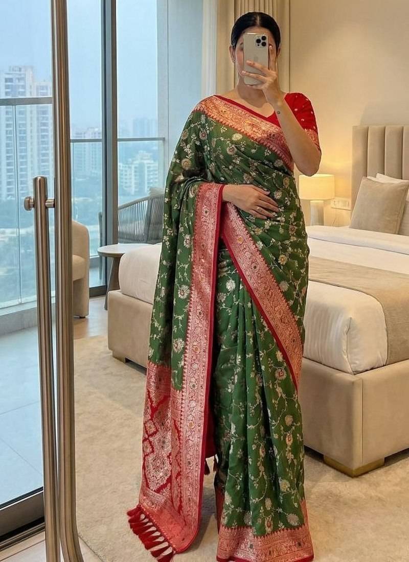 green soft silk blend saree with zari weaving meenakari design