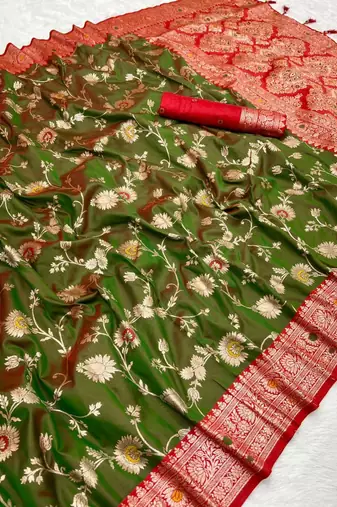 green soft silk blend saree with zari weaving meenakari design