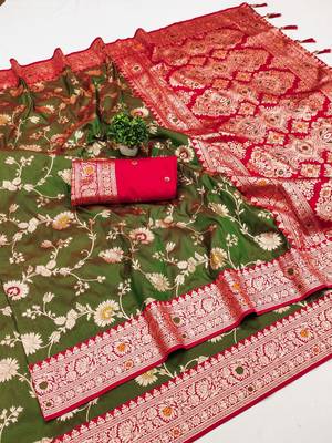 green soft silk blend saree with zari weaving meenakari design 3